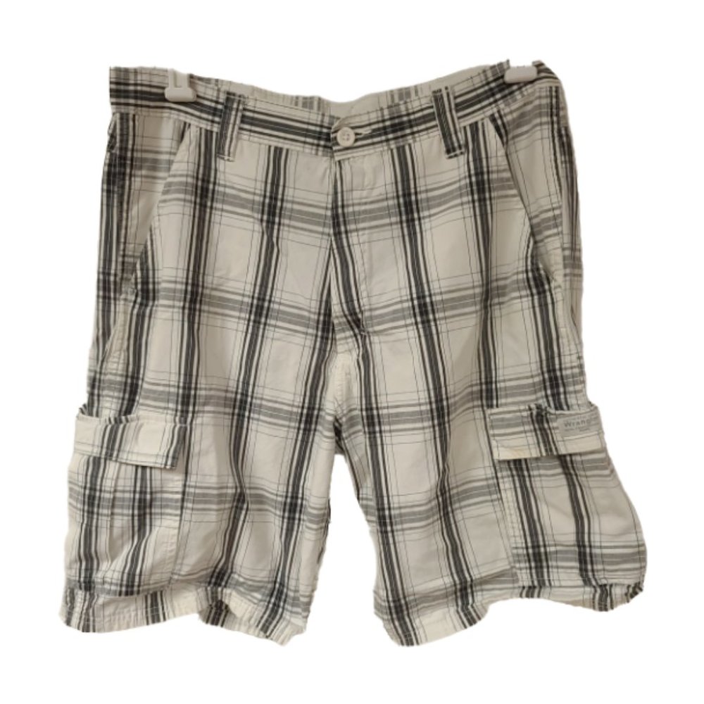 WRANGLER Mens 34 White Blue Striped Plaid Cargo 6/8 Pocket Shorts 10" inseam
